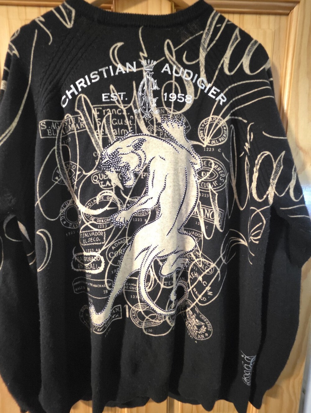 Christian Audigier Black Sweater with Cream Panther Motif